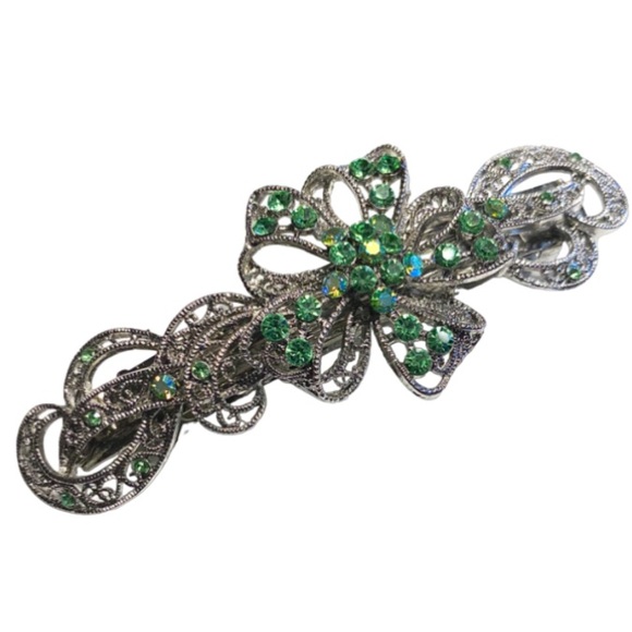 Silver Tone Floral & Crystal Statement Barrette - Picture 2 of 4